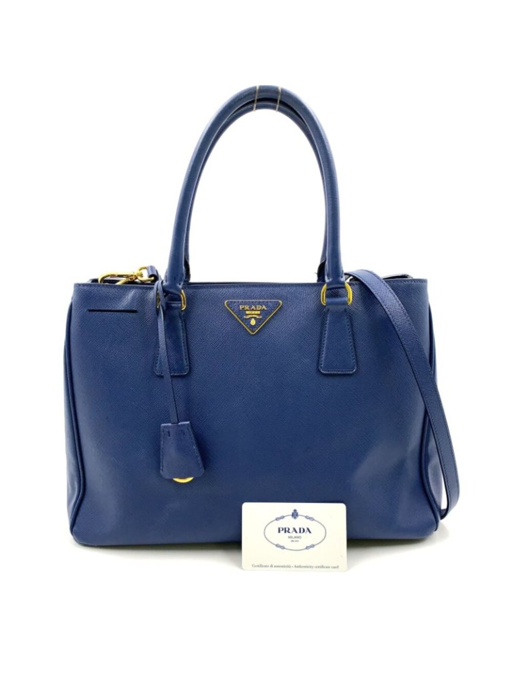★SOLD★ Prada Galleria 2-Way Shoulder Leather Blue Handbag Gold - Picture 15 of 15